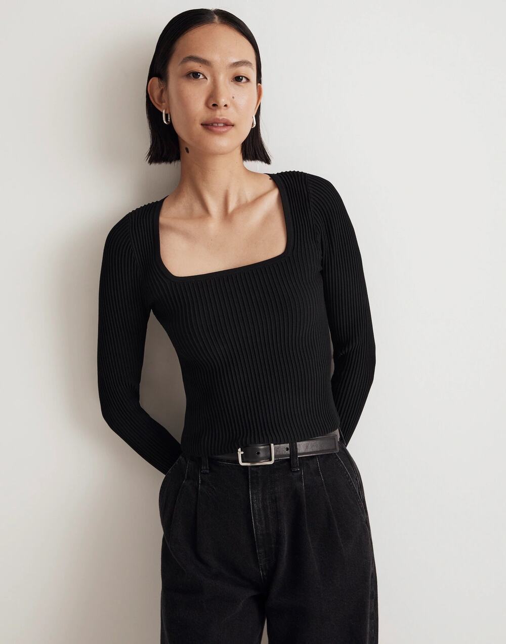 NEW Madewell Ottoman Black Ribbed Knit Square Neck Sweater Top Size XL